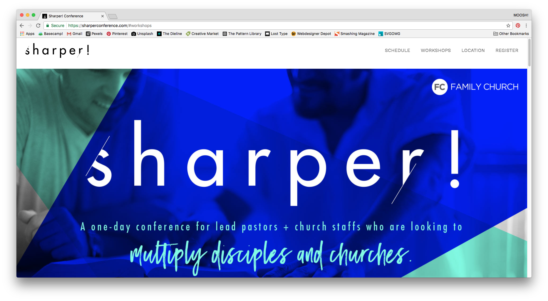 Sharper Conference website which we designed, developed and branded. This image shows the landing page with a sticky navigation to allow full functionality to the user regardless of their location on the page.