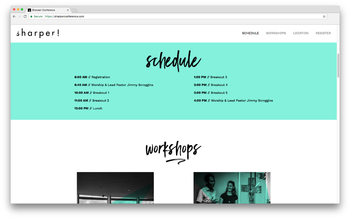 Schedule section of the Sharper Conference website. Here we used a flexbox layout to create a responsive schedule that looks great whether the user is on a small phone or a large desktop.