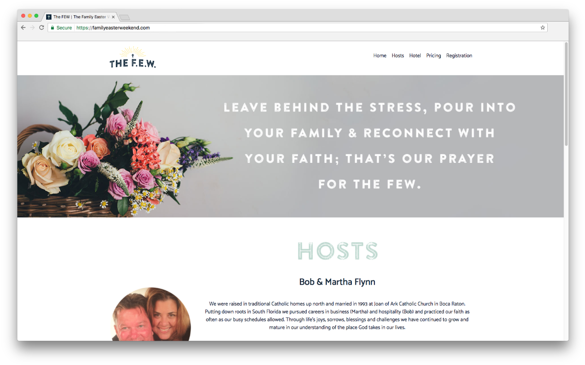Hosts page of the Family Easter Weekend site which has a great custom made header image and also continues to incorporate the sticky navigation bar at the top of the page.