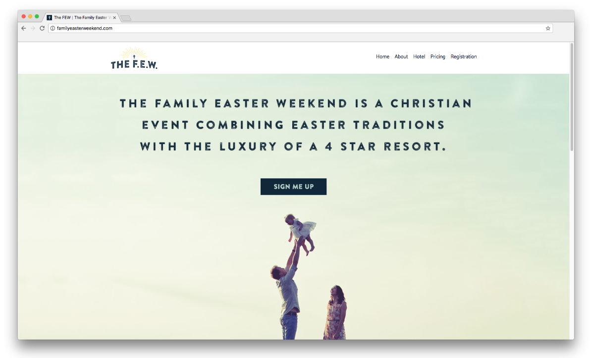 Family Easter Weekend website landing page which incorporates a sticky navigation which allows full functionality no matter where the user in on the website.
